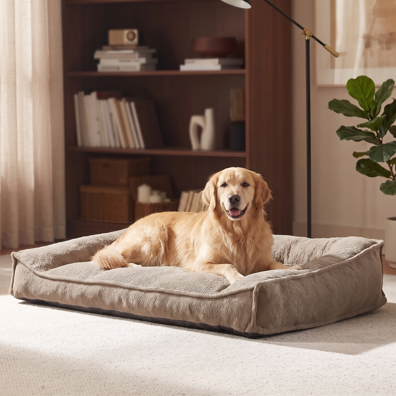 Apawrest Ergonomic Couch Bed in Walnut, an orthopedic egg-crate dog bed with a sloped built-in headrest