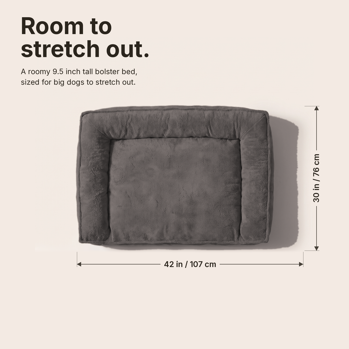 Top-view dimensions diagram for the Apawrest Ergonomic Couch Bed: 42 inches long, 30 inches wide, 9.5 inches high
