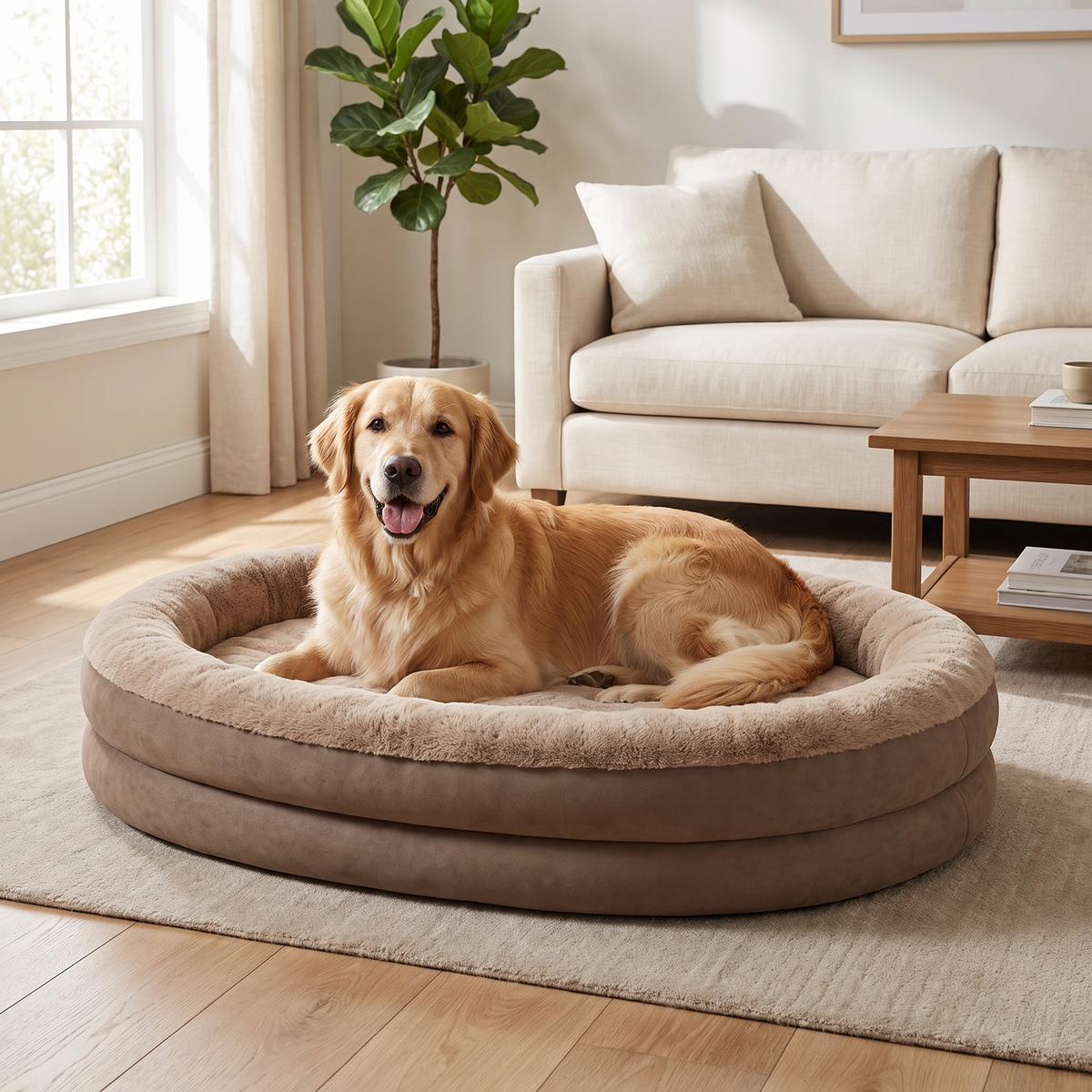 A golden retriever resting on the Apawrest Orthopedic Bolster Bed in Walnut