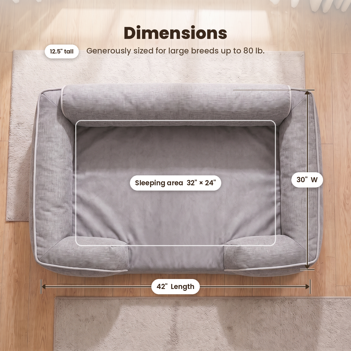 Dimensions diagram for the Apawrest Deep-Sleep Sofa Bed: 42 inches long, 30 inches wide, 12.5 inches deep