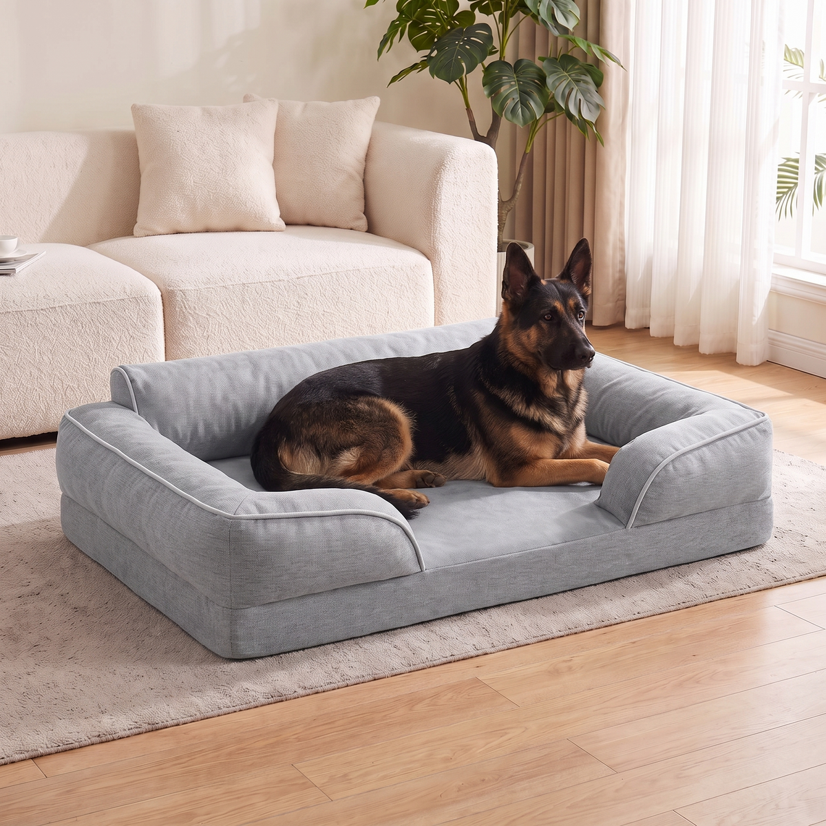 A German shepherd resting on the Apawrest Deep-Sleep Sofa Bed in Mist Grey