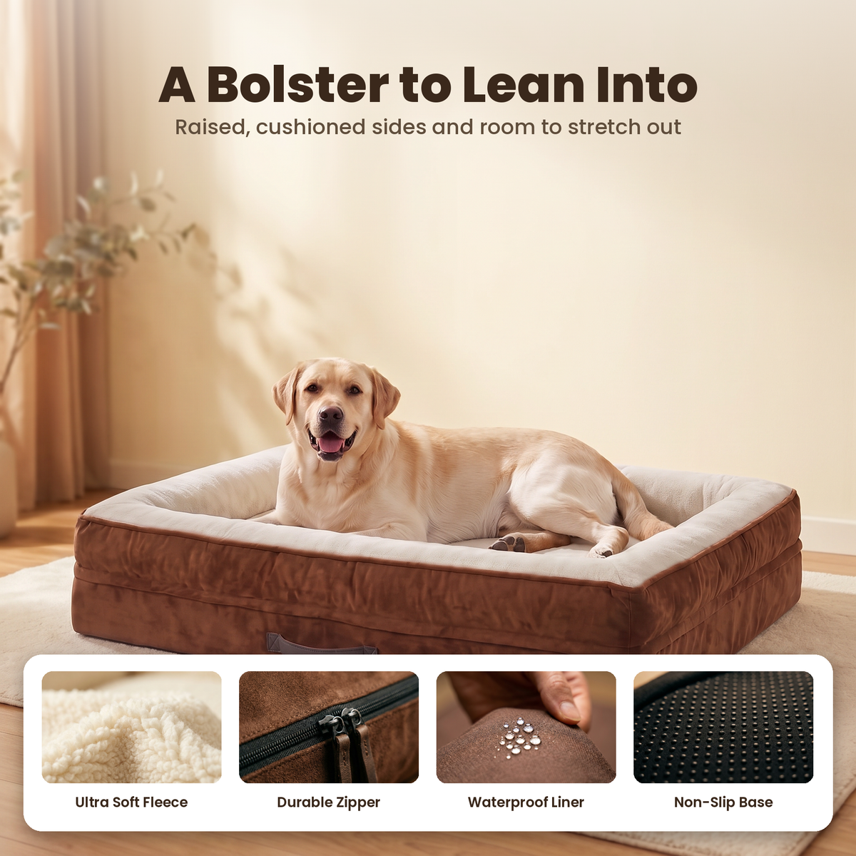 Apawrest Grand Bolster Bed in Walnut, four-sided bolster feature graphic