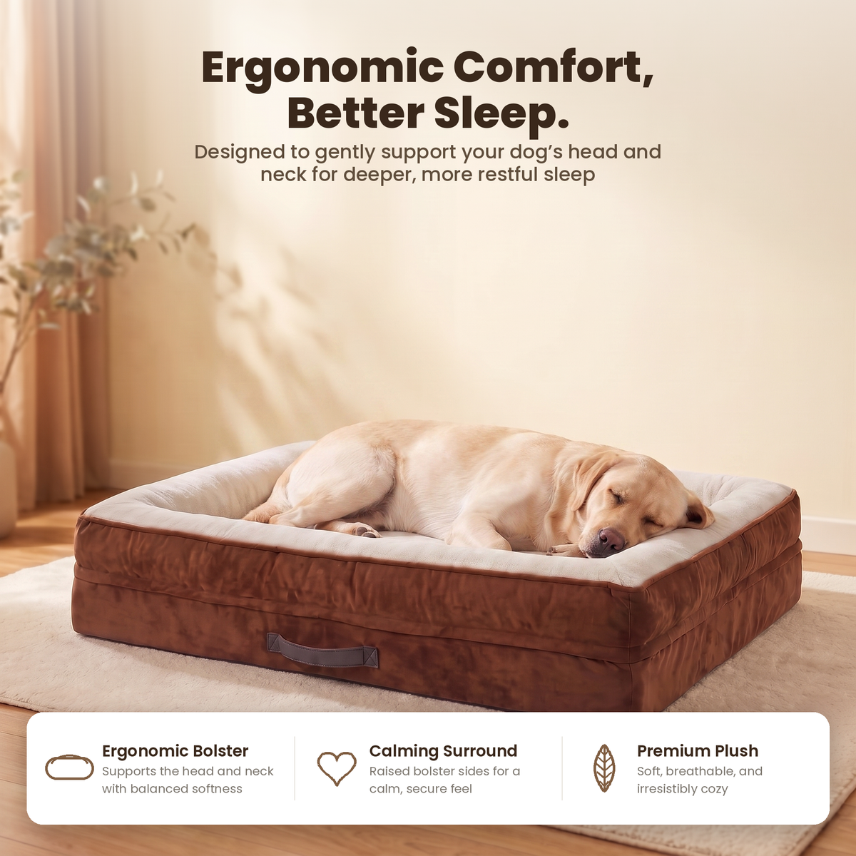 Apawrest Grand Bolster Bed in Walnut, washable cover and waterproof liner feature graphic