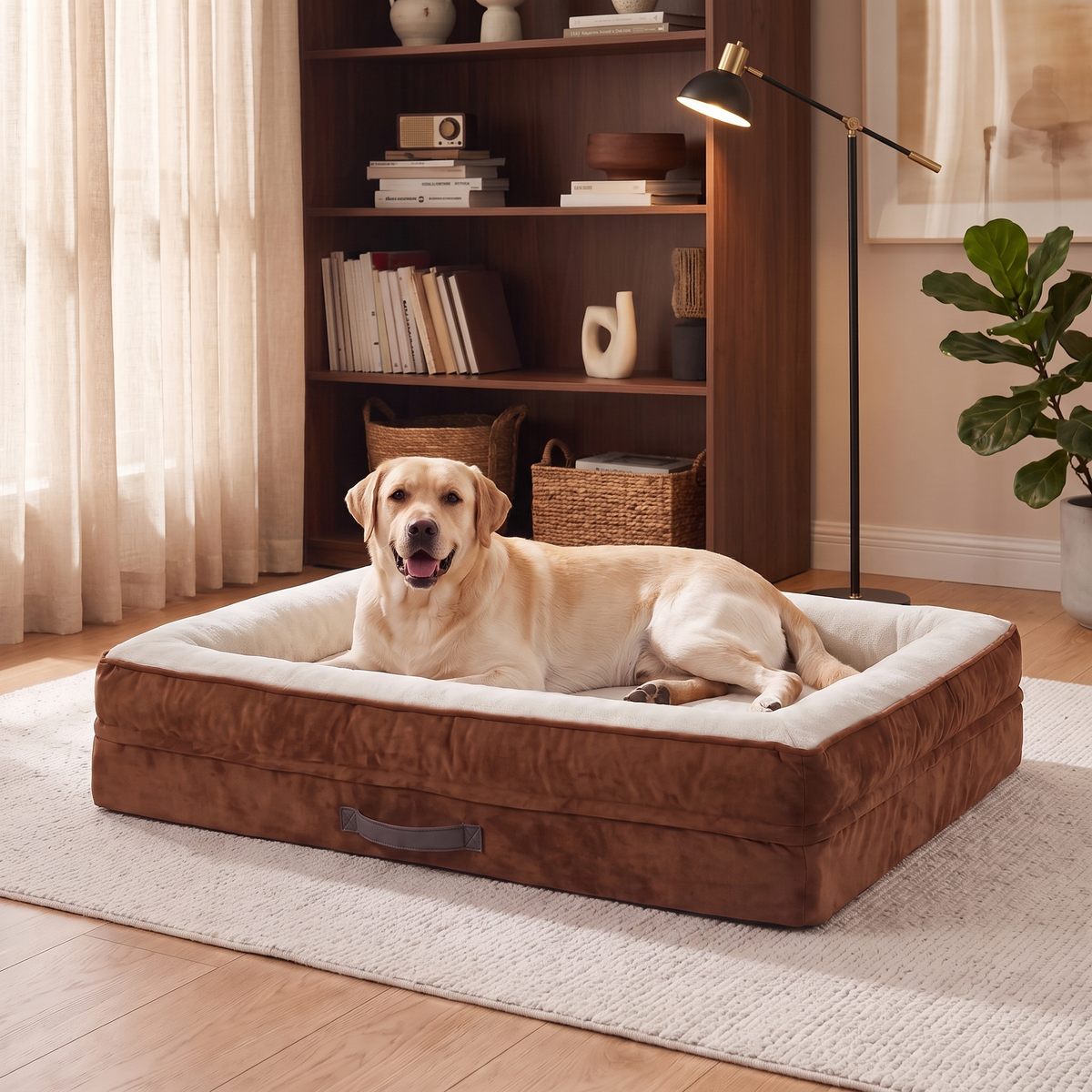 A golden retriever resting on the Apawrest Grand Bolster Bed in Walnut