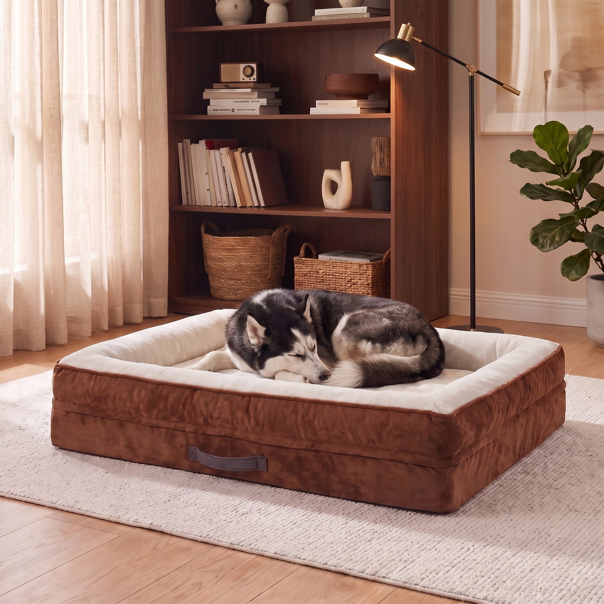 A husky resting on the Apawrest Grand Bolster Bed in Walnut
