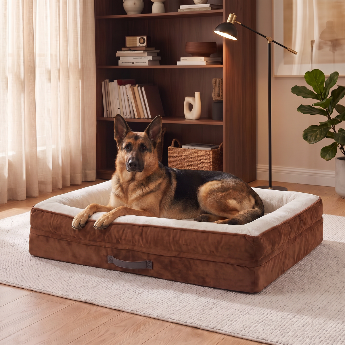 A German shepherd resting on the Apawrest Grand Bolster Bed in Walnut