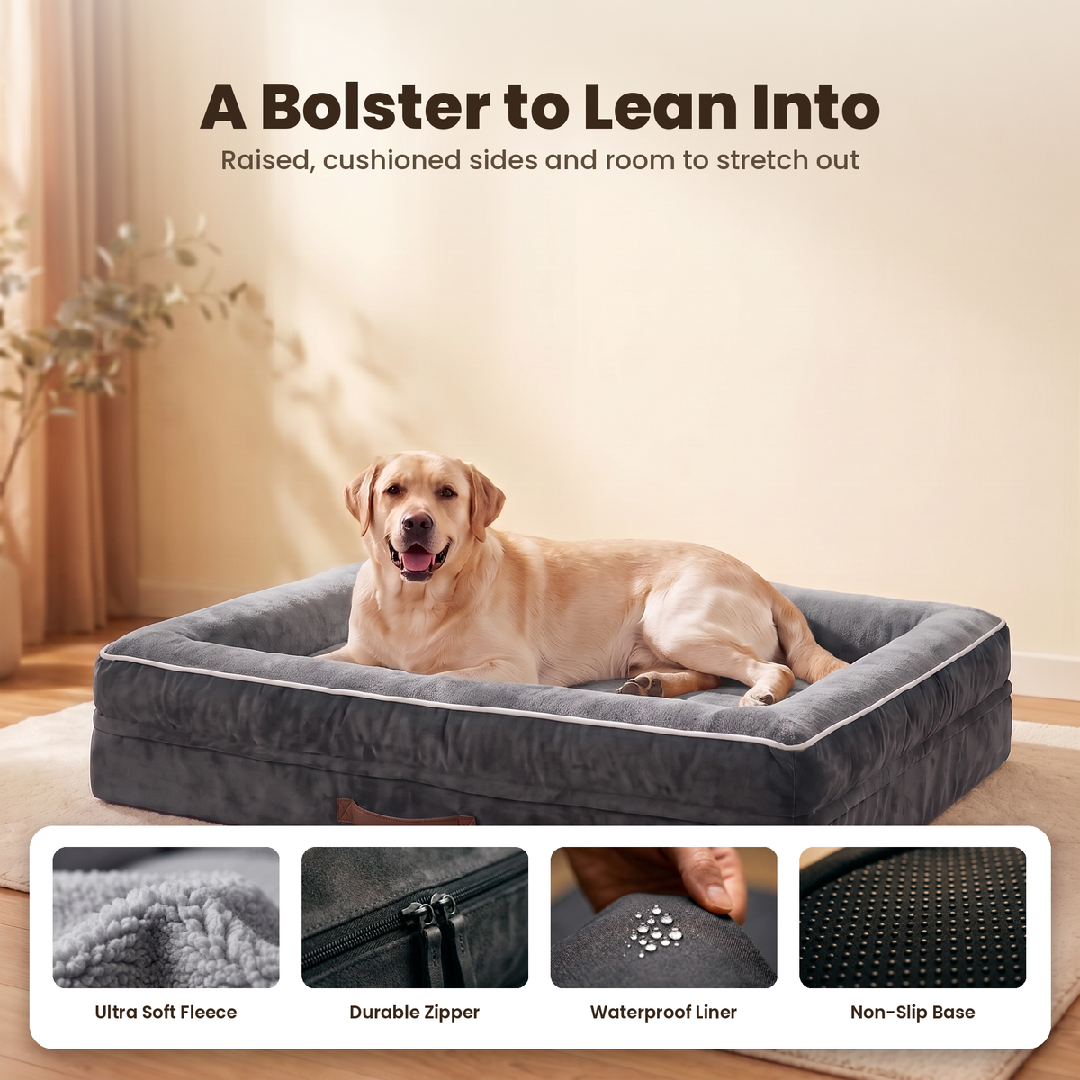 Apawrest Grand Bolster Bed in Slate Grey, orthopedic egg-crate foam feature graphic