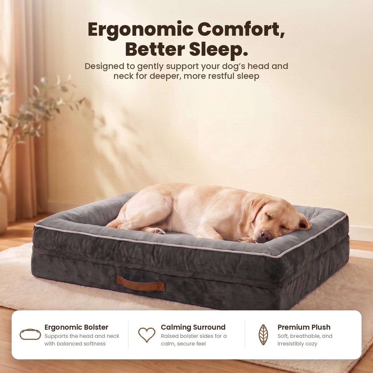 Apawrest Grand Bolster Bed in Slate Grey, four-sided bolster feature graphic
