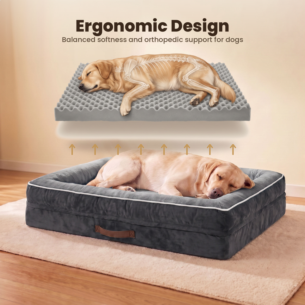 Apawrest Grand Bolster Bed in Slate Grey, washable cover and waterproof liner feature graphic