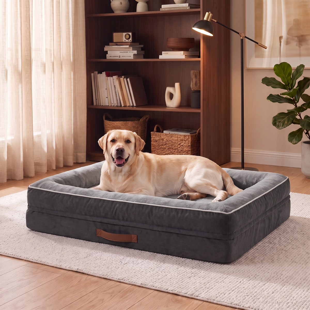 A golden retriever resting on the Apawrest Grand Bolster Bed in Slate Grey