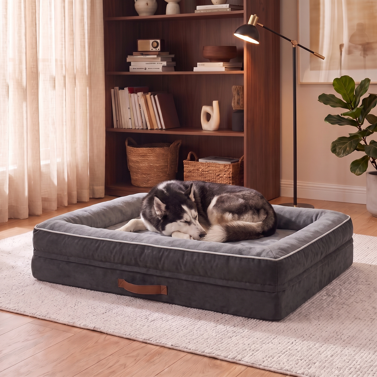 A husky resting on the Apawrest Grand Bolster Bed in Slate Grey