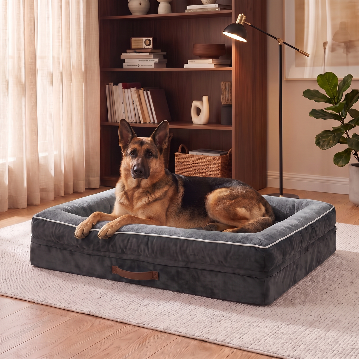 A German shepherd resting on the Apawrest Grand Bolster Bed in Slate Grey