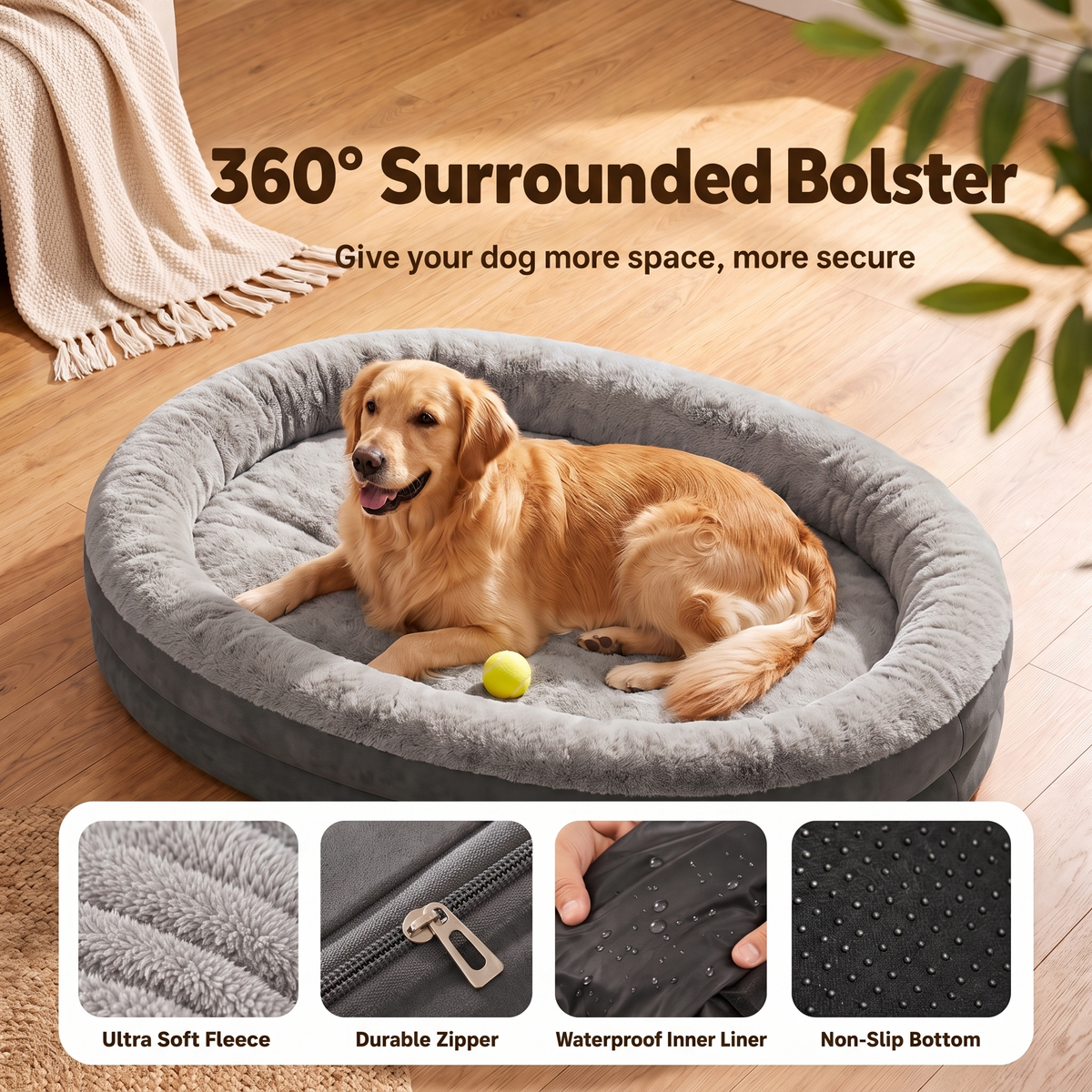 Apawrest Orthopedic Bolster Bed in Charcoal, top view of the sleeping surface