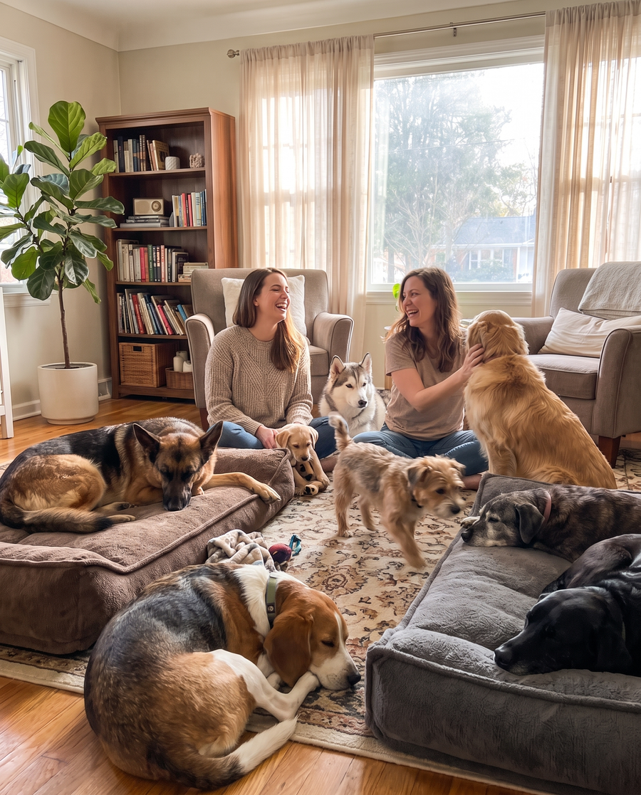 Two women at home surrounded by their dogs, several resting on Apawrest orthopedic beds